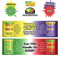 toxic waste candy from amazon. drums of toxic waste hazardously sour candy showing all the many flavours that are available to buy.