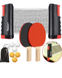 portable ping pong set to travel and attach to any flat table or surface and play ping pong anywhere.