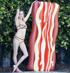 tall inflatable bacon float swimming pool toy that looks like bacon from amazon.