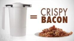 vat19 crispy bacon. microwave bacon cooker with plate of cooked bacon.