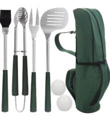 Golf BBQ Grill set: Golf club utensils with golf club styled handles, 2 shakers shaped like golf balls, and a carrying case golf bag.