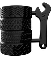 Stack of tires with wrench handle funny coffee mug for mechanic dad gift.