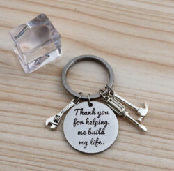 Mini tools keychain on a key ring with the message “Thank you for helping me build my life!”